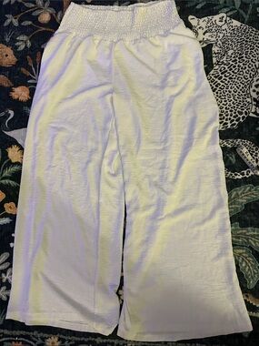 White Smocked-Waist Wide Leg Casual Pants